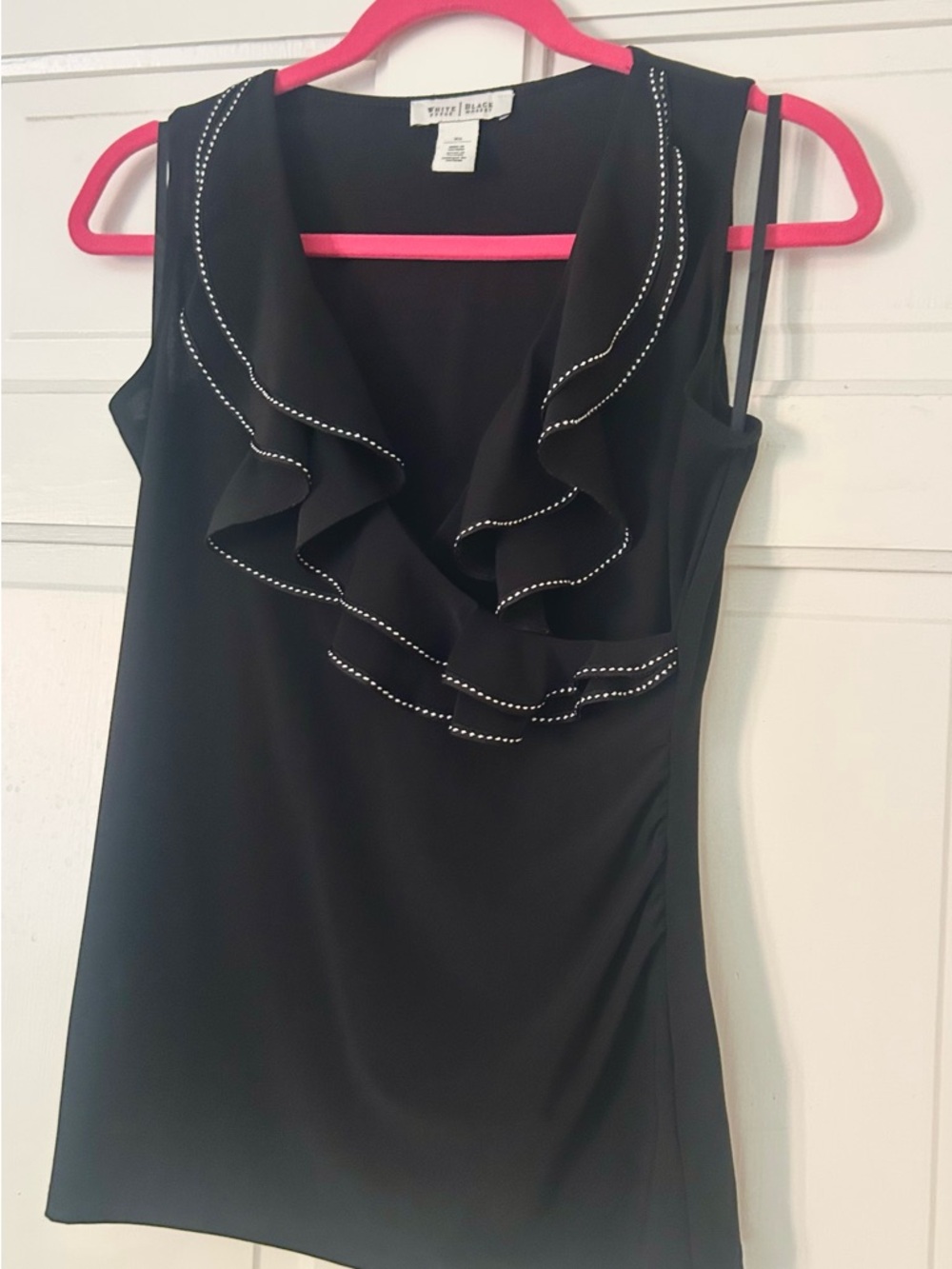 White House Black Market Black Ruffle V-Neck Camisole with Contrast Stitching